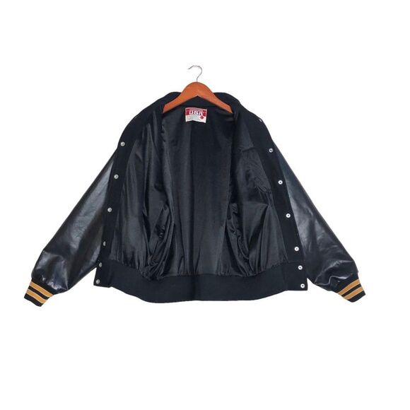 Vintage 90's Y2K Black Wool & Faux Leather Varsity Letterman Bomber Jacket - Picture 2 of 7